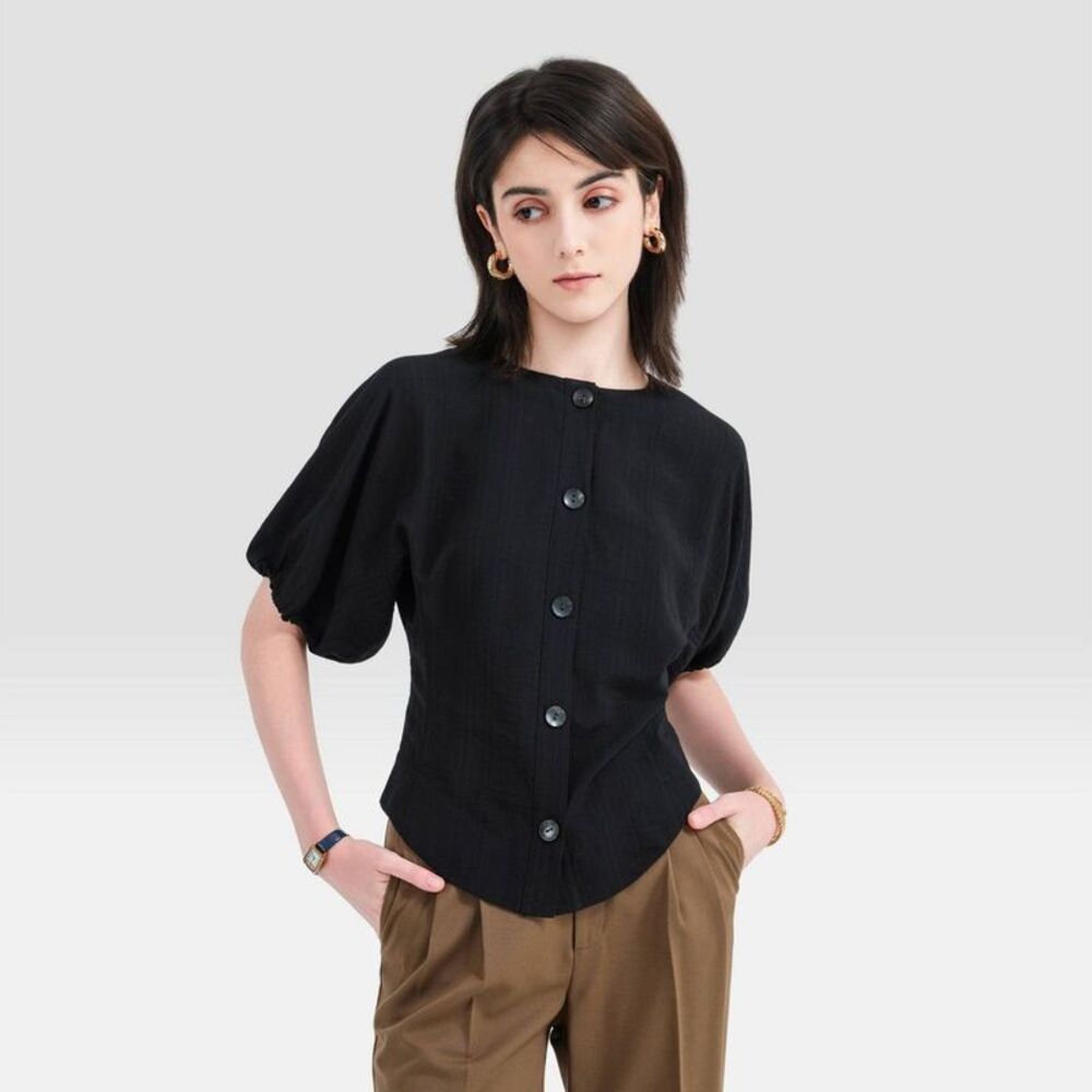 Women's Puff Short Sleeve Buttoned Blouse - A New Day Black M